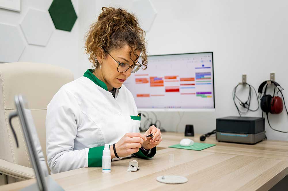 Hearing aid being cleaned at a desk with brushes and supplies, as taught at West Valley Hearing Center in Woodland Hills, CA